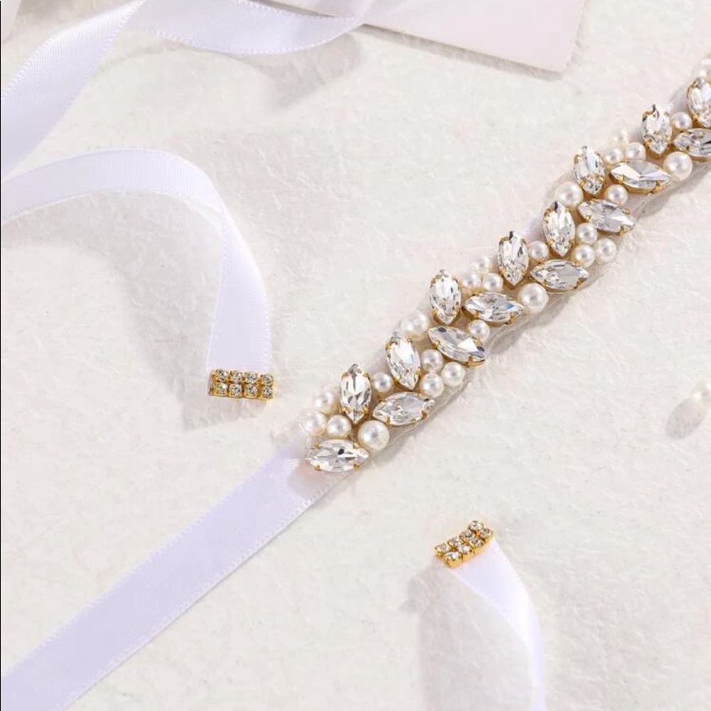 Rhinestone Crystal Belt Bride Wedding Sash White Decor Bridal Gold - Picture 5 of 5